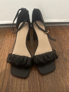 Women’s Black Ruffle Ankle-Strap Heels